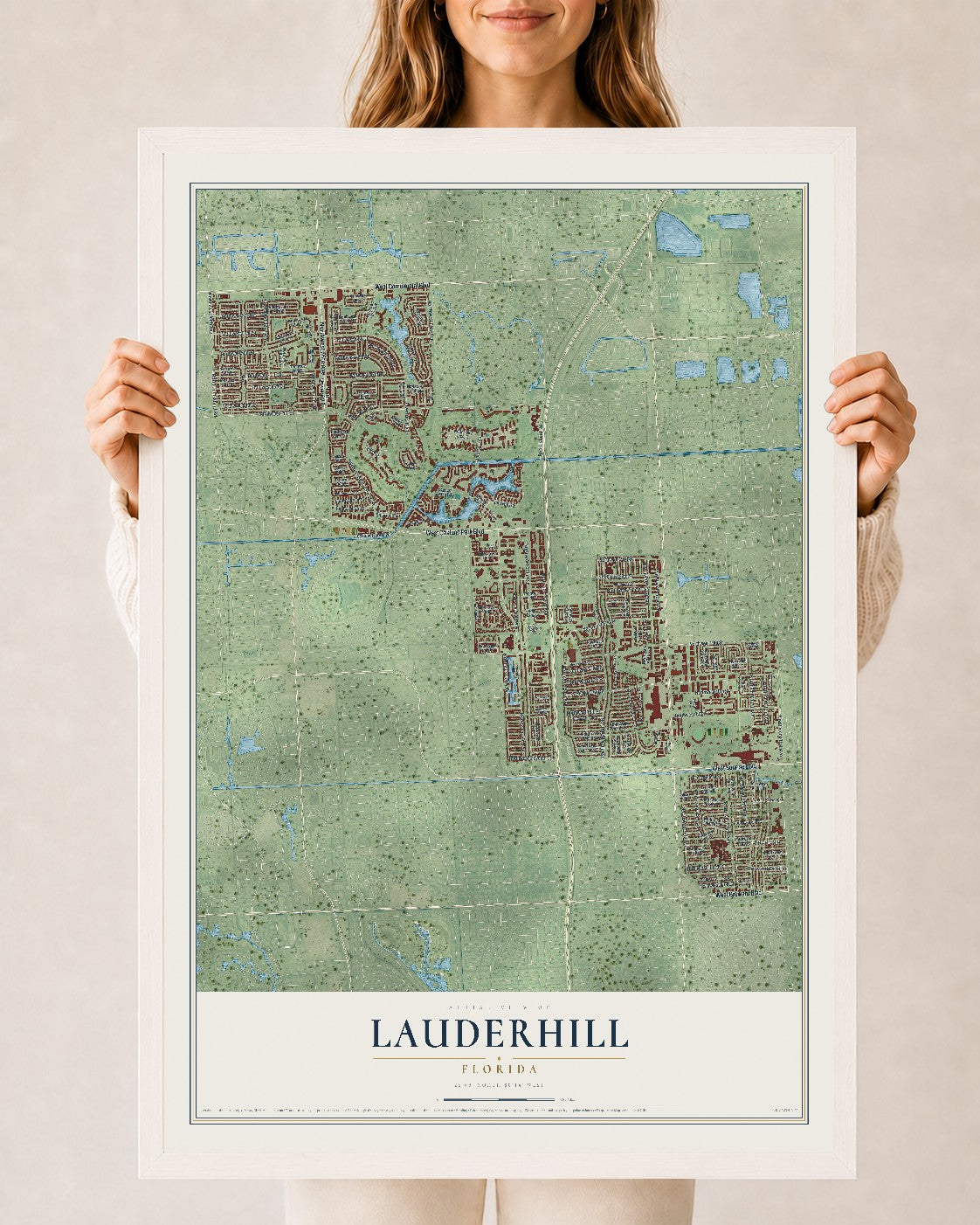 Lauderhill, Florida map print, 24" x 36" W/ White Ayous Wood Frame mockup