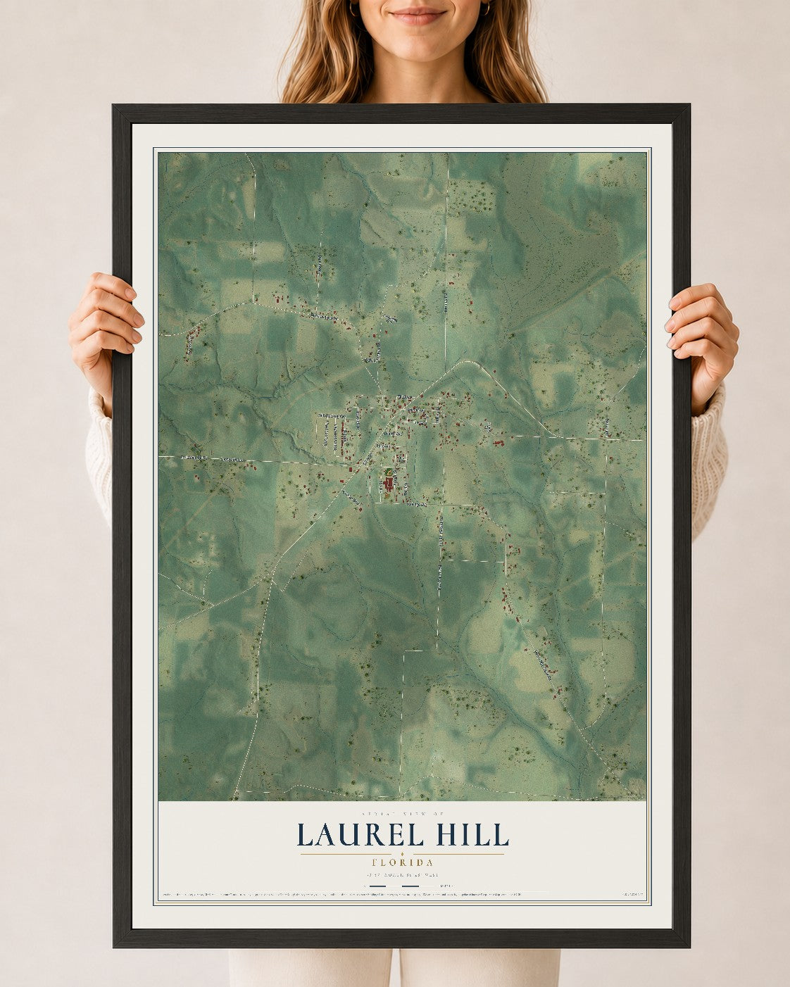 Laurel Hill, Florida map print, 24" x 36" W/ Black Ayous Wood Frame mockup