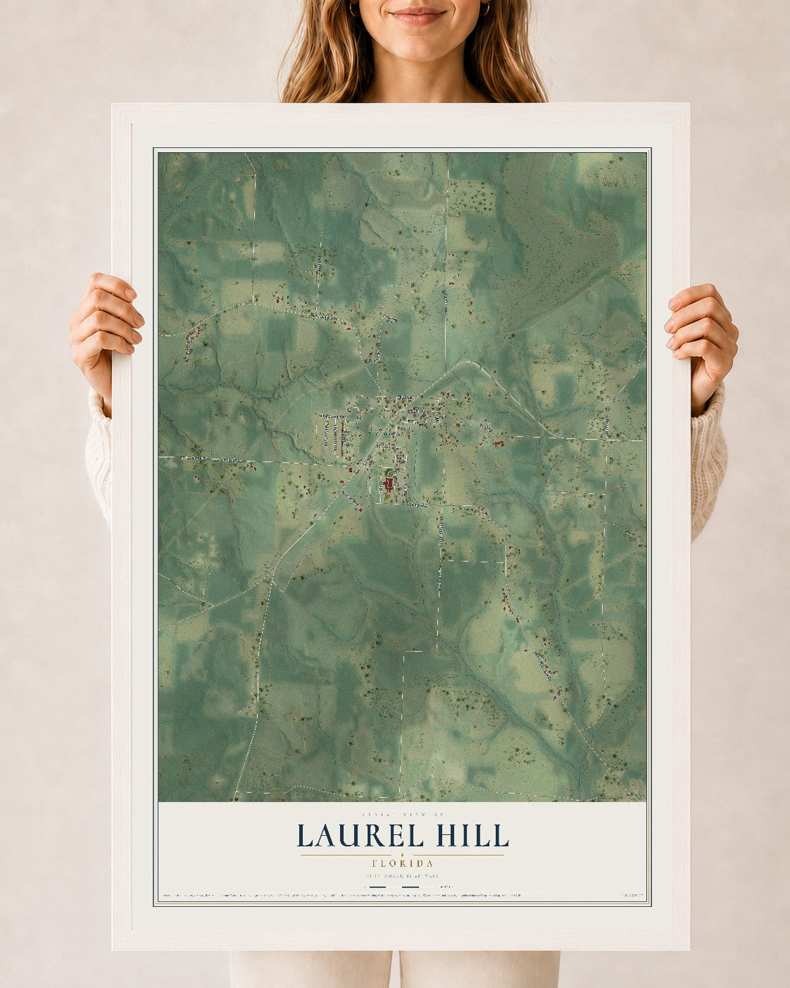 Laurel Hill, Florida map print, 24" x 36" W/ White Ayous Wood Frame mockup