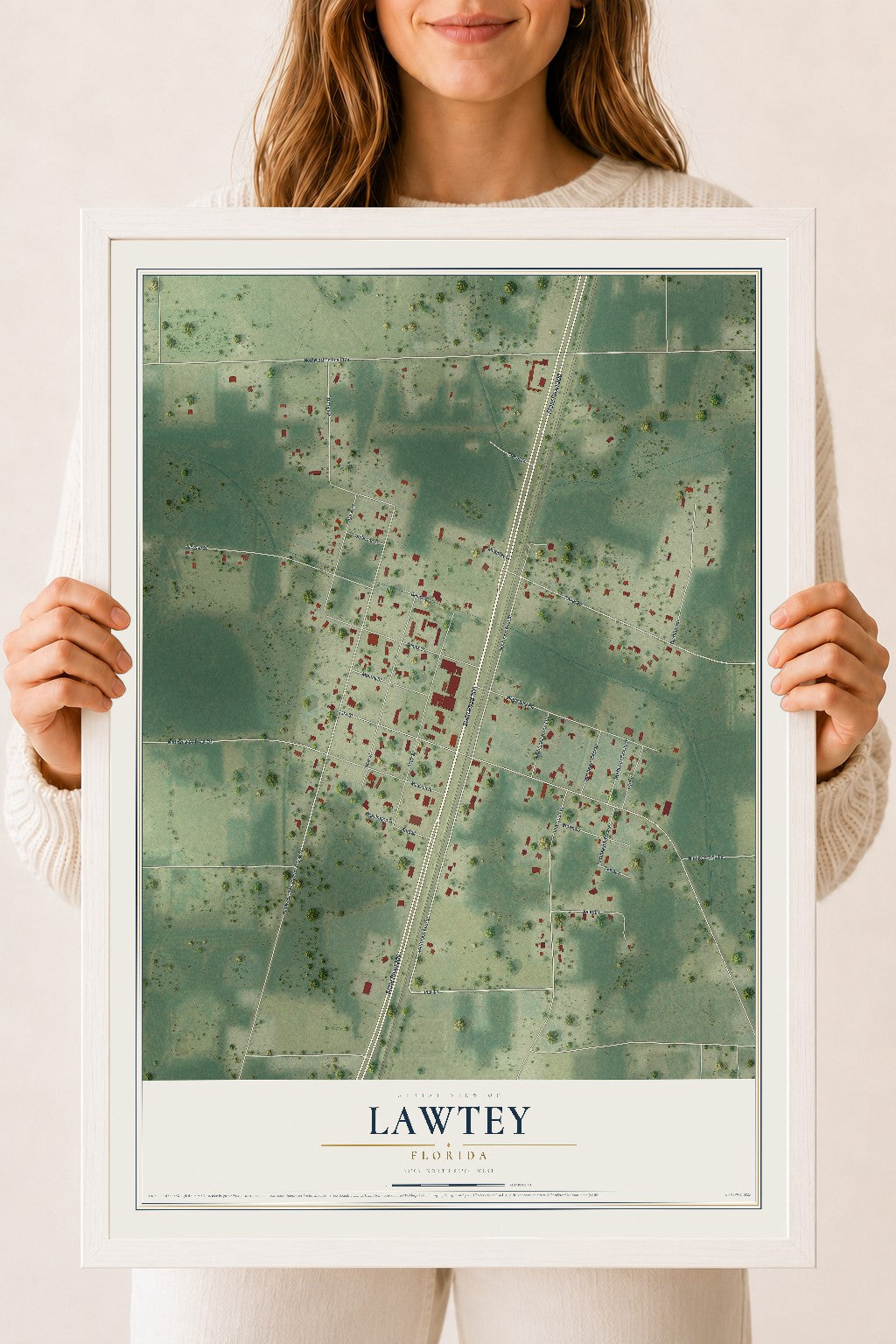 Lawtey, Florida map print, 18" x 24" W/ White Ayous Wood Frame mockup