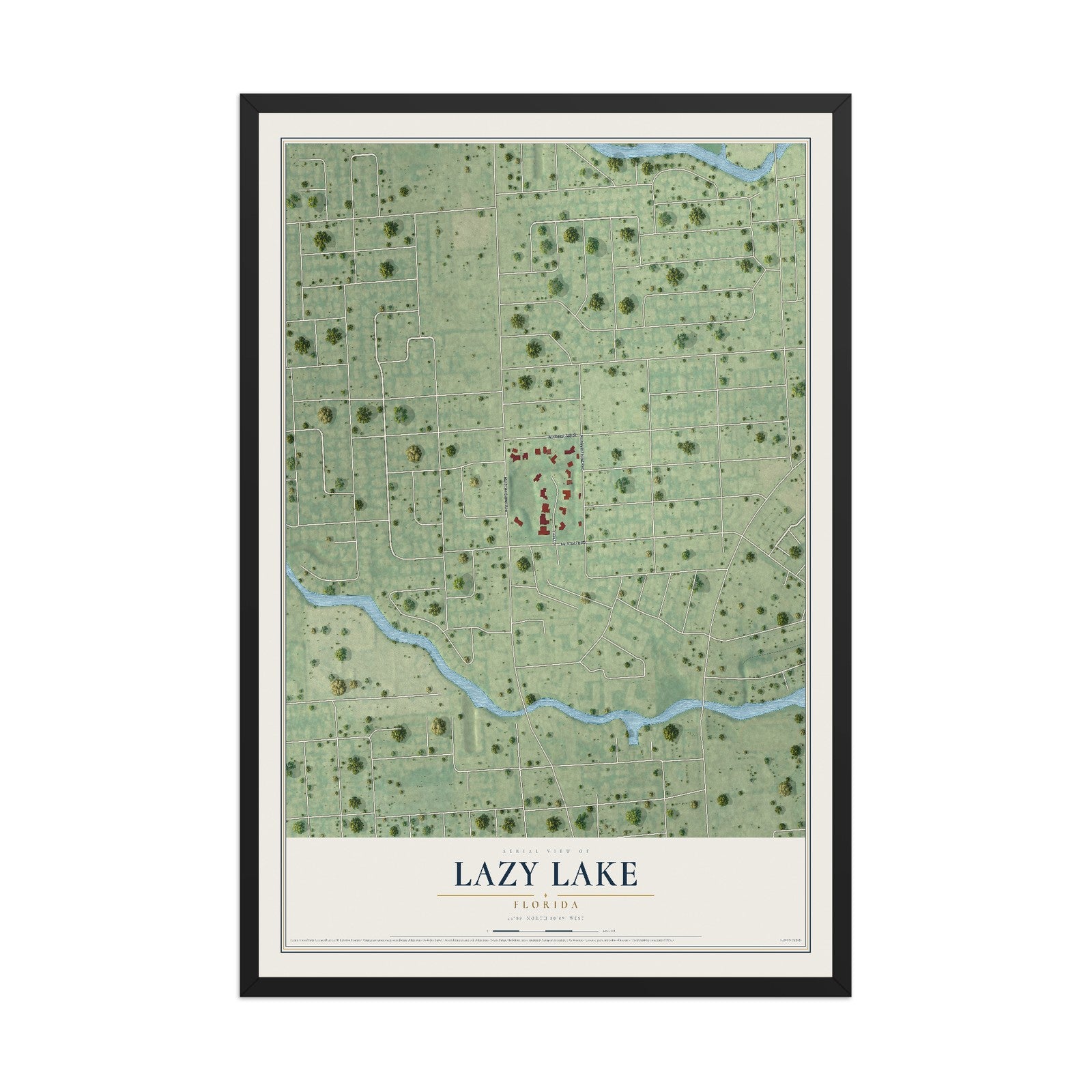 Lazy Lake, Florida map print, 12" x 18" W/ Black Ayous Wood Frame mockup