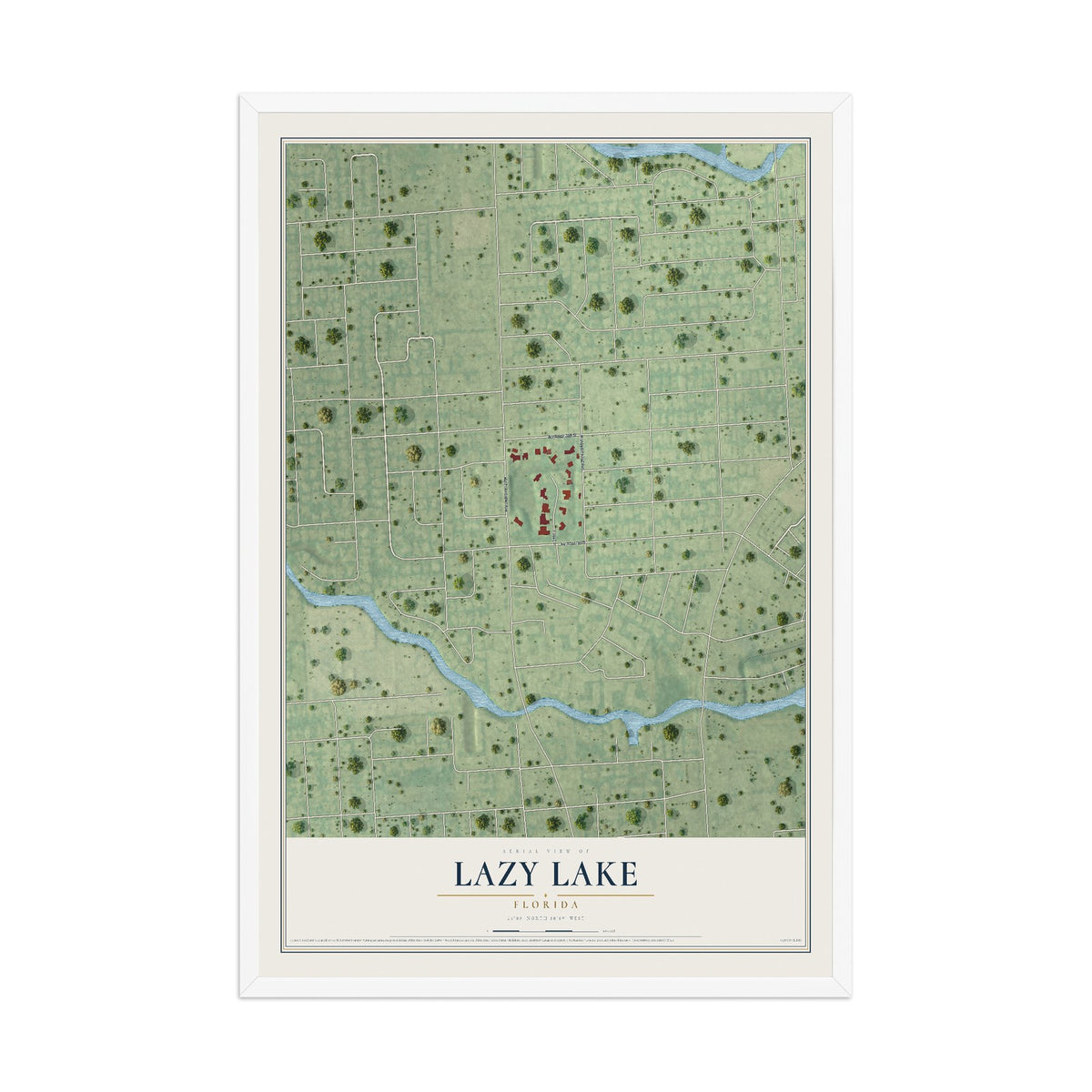 Lazy Lake, Florida map print, 12" x 18" W/ White Ayous Wood Frame mockup