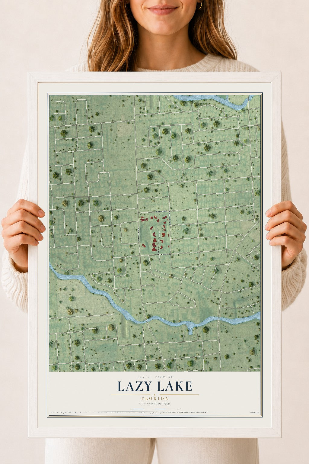 Lazy Lake, Florida map print, 18" x 24" W/ White Ayous Wood Frame mockup