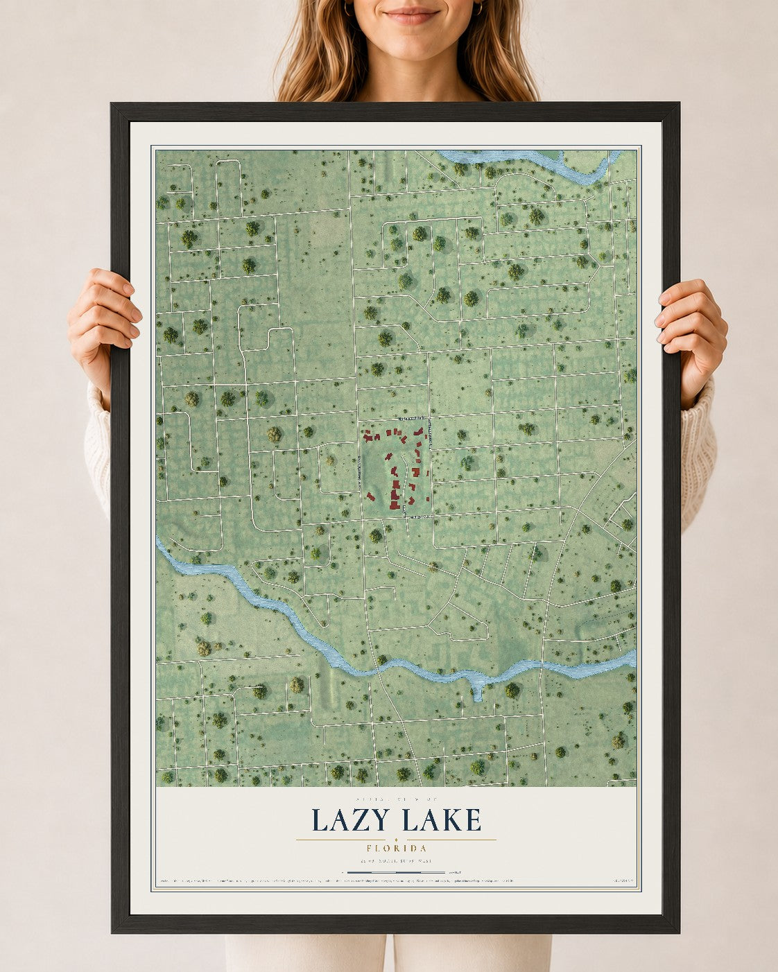Lazy Lake, Florida map print, 24" x 36" W/ Black Ayous Wood Frame mockup