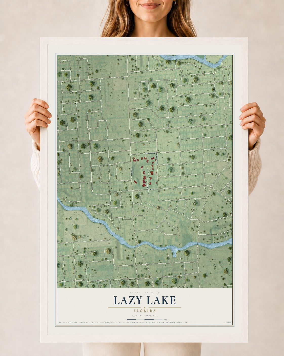 Lazy Lake, Florida map print, 24" x 36" W/ White Ayous Wood Frame mockup