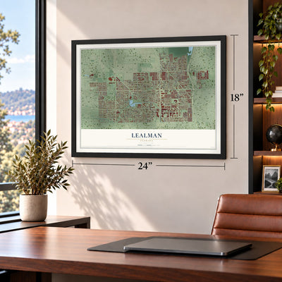 Lealman, Florida map, 18 x 24 inch print in a black frame in a home office