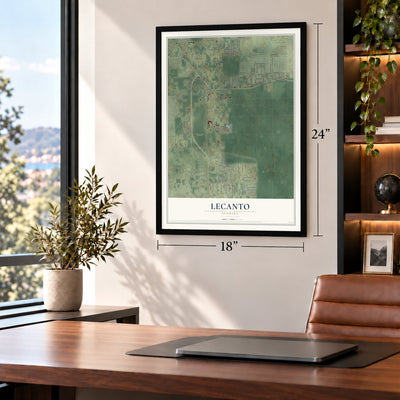 Lecanto, Florida map, 18 x 24 inch print in a black frame in a home office