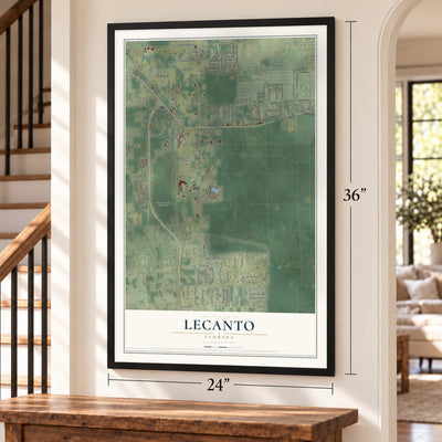 Lecanto, Florida map, 24 x 36 inch print in a black frame by a staircase