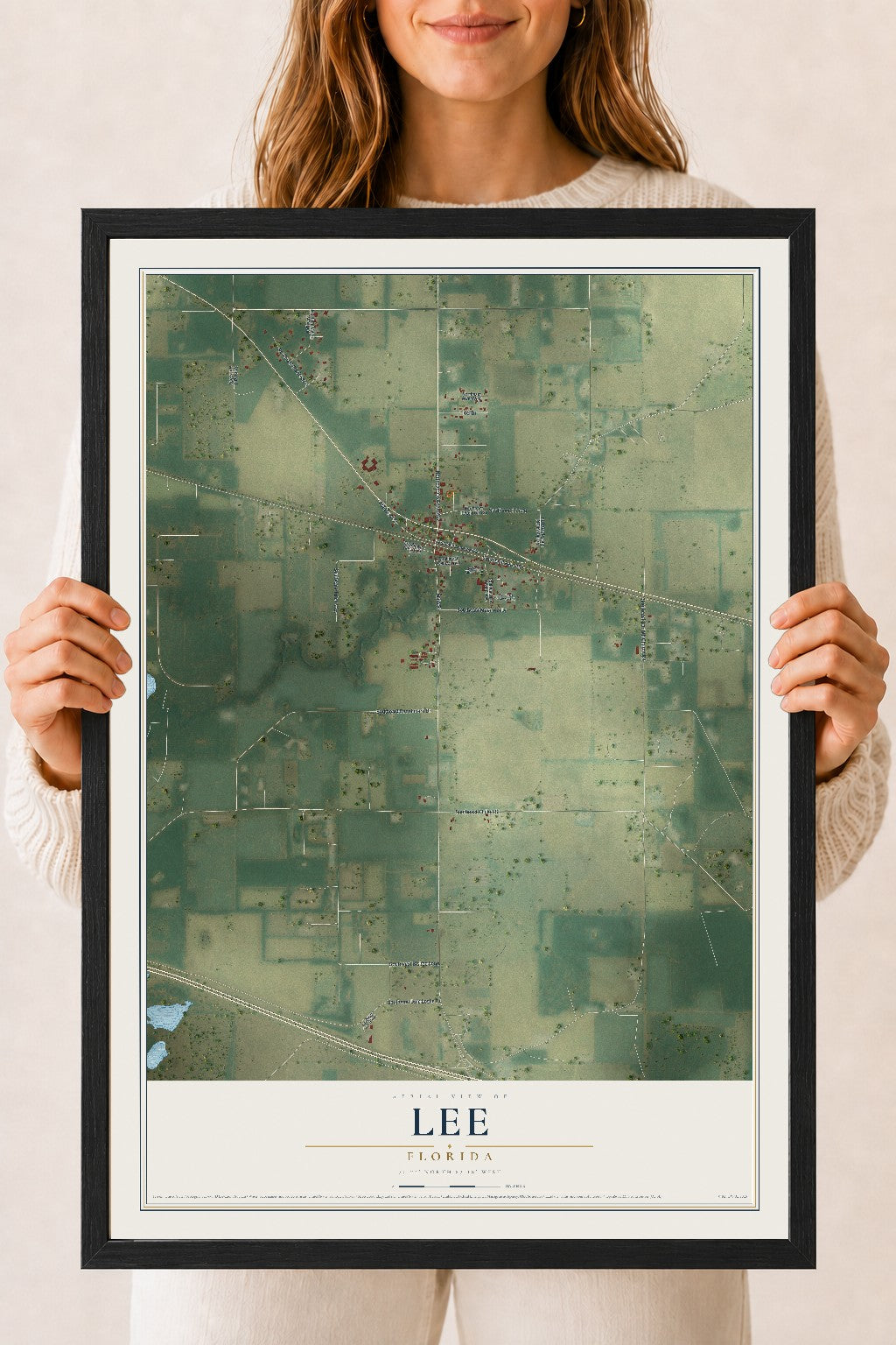 Lee, Florida map print, 18" x 24" W/ Black Ayous Wood Frame mockup