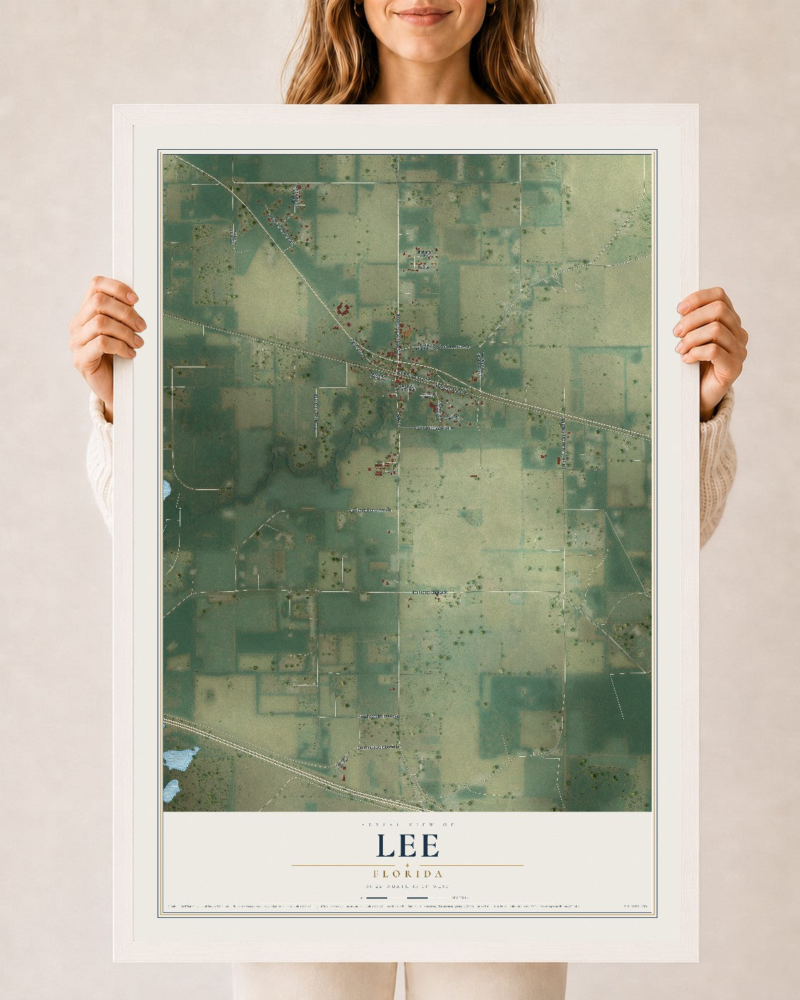 Lee, Florida map print, 24" x 36" W/ White Ayous Wood Frame mockup