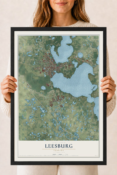Leesburg, Florida map print, 18" x 24" W/ Black Ayous Wood Frame mockup