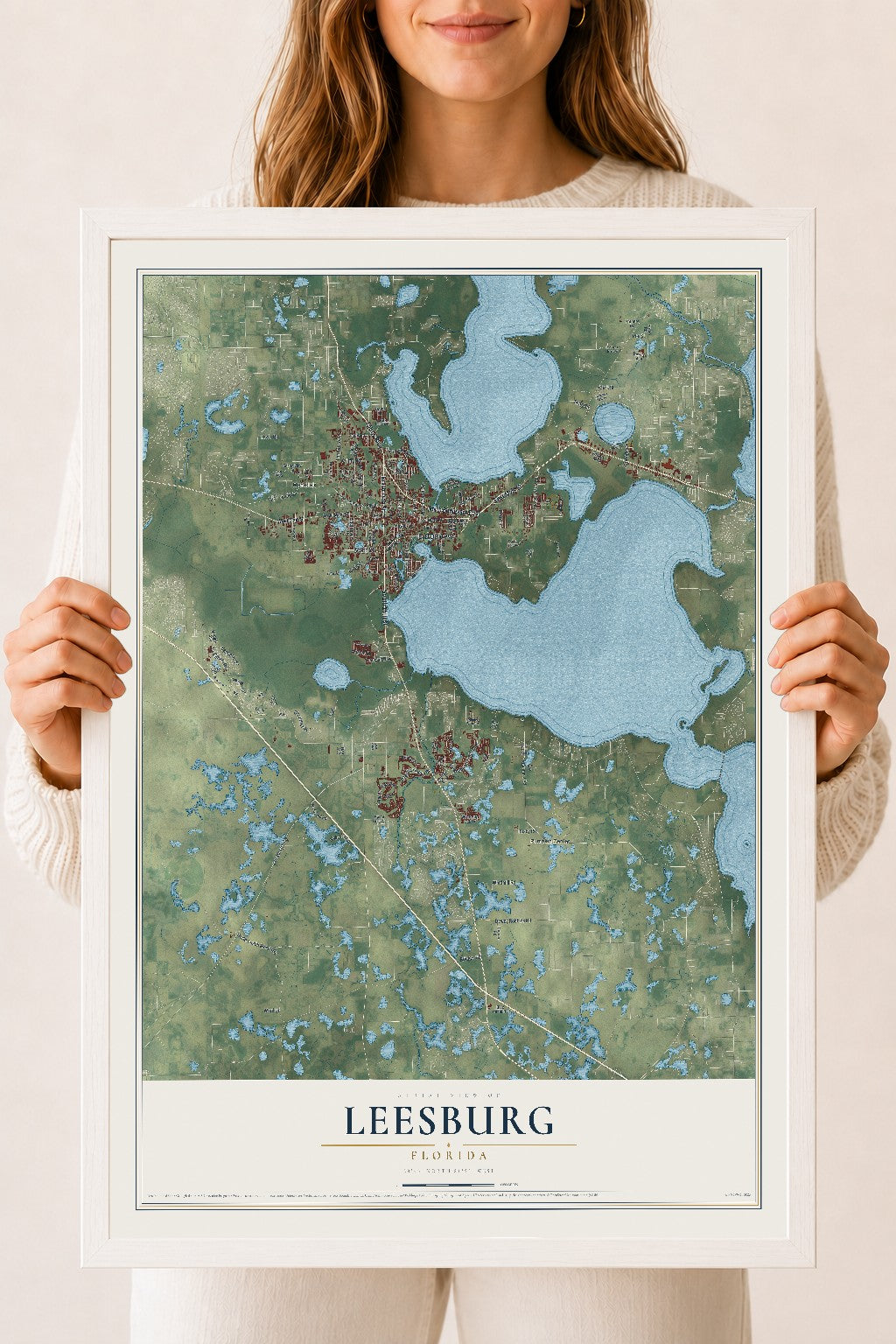 Leesburg, Florida map print, 18" x 24" W/ White Ayous Wood Frame mockup