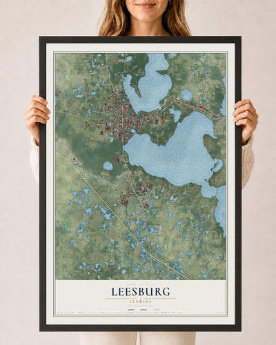 Leesburg, Florida map print, 24" x 36" W/ Black Ayous Wood Frame mockup