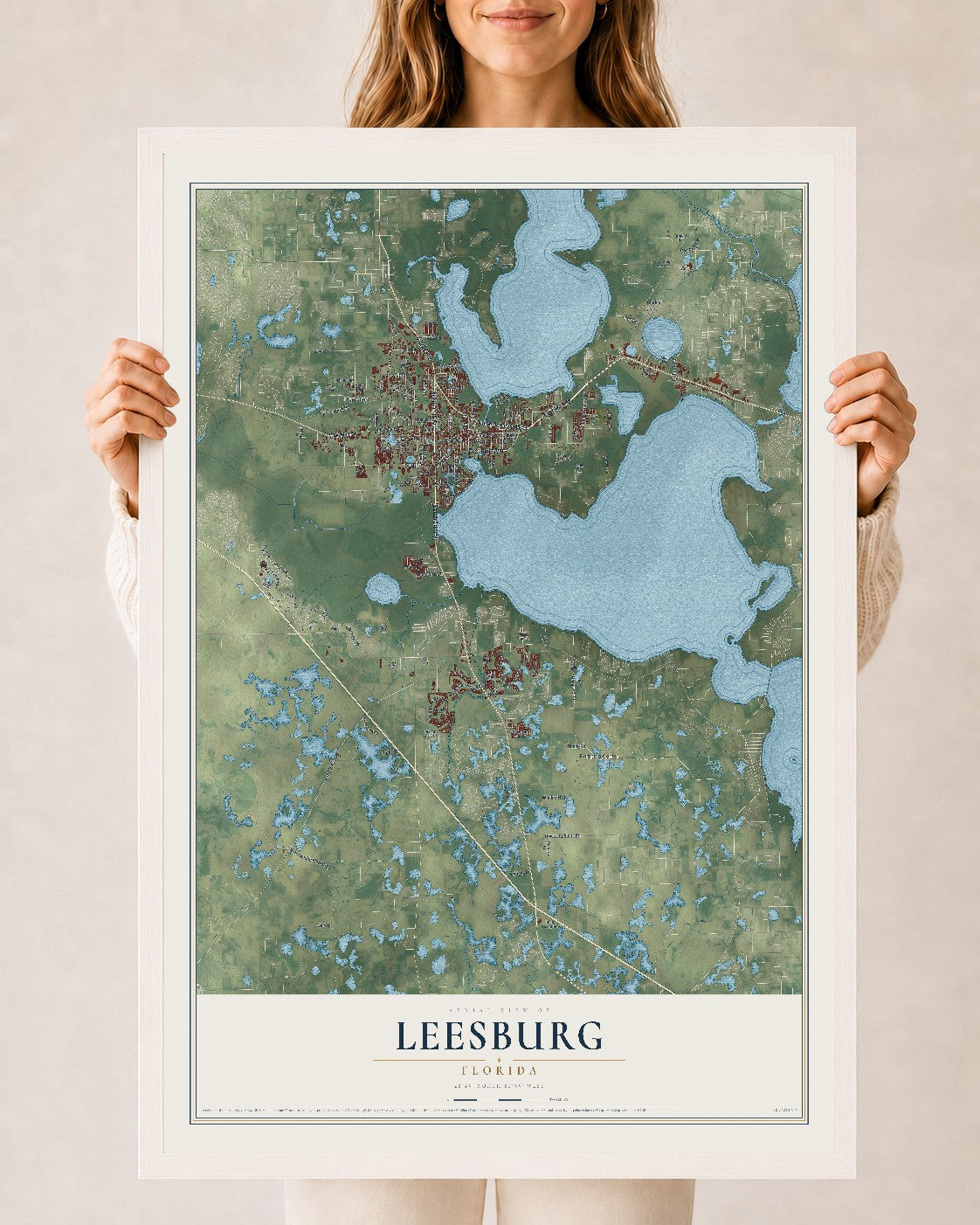 Leesburg, Florida map print, 24" x 36" W/ White Ayous Wood Frame mockup