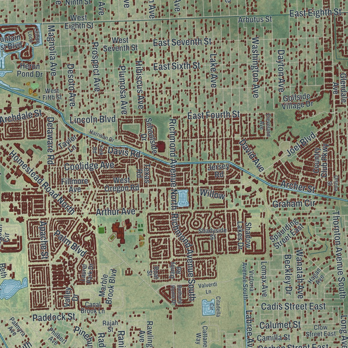 Close-up 2 of the Lehigh Acres, Florida map artwork
