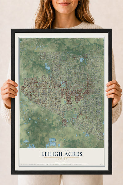 Lehigh Acres, Florida map print, 18" x 24" W/ Black Ayous Wood Frame mockup