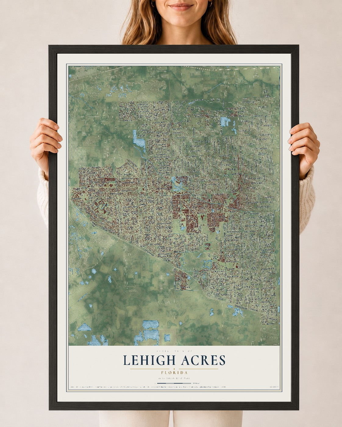Lehigh Acres, Florida map print, 24" x 36" W/ Black Ayous Wood Frame mockup