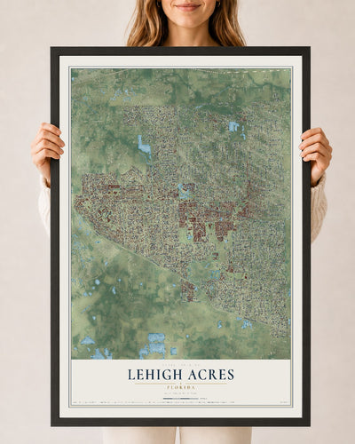 Lehigh Acres, Florida map print, 24" x 36" W/ Black Ayous Wood Frame mockup