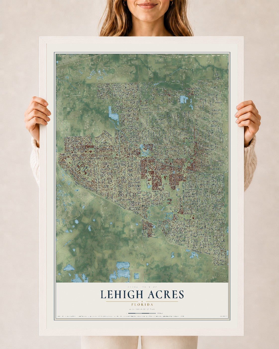 Lehigh Acres, Florida map print, 24" x 36" W/ White Ayous Wood Frame mockup