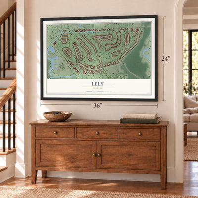 Lely, Florida map, 24 x 36 inch print in a black frame above a dresser by a staircase