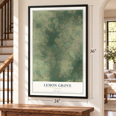 Lemon Grove, Florida map, 24 x 36 inch print in a black frame by a staircase