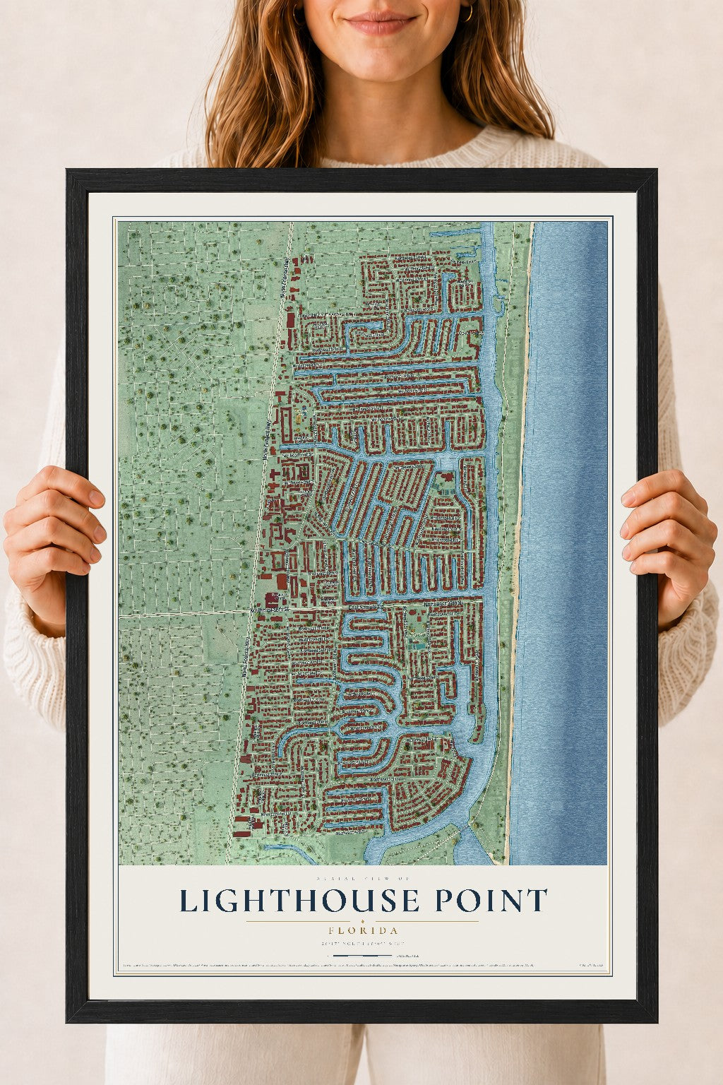 Lighthouse Point, Florida map print, 18" x 24" W/ Black Ayous Wood Frame mockup