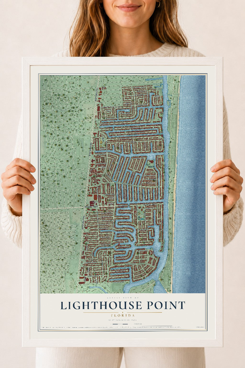 Lighthouse Point, Florida map print, 18" x 24" W/ White Ayous Wood Frame mockup
