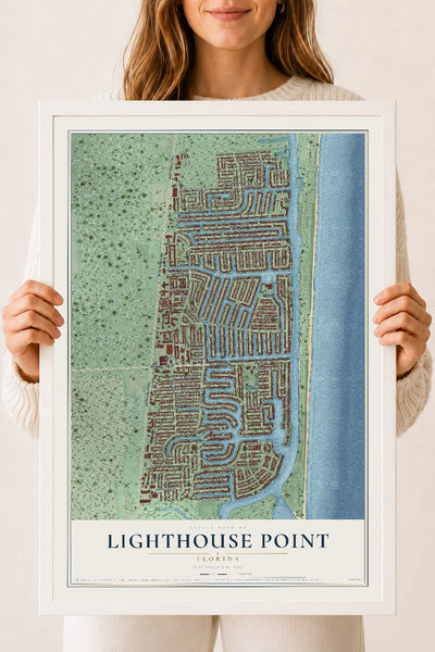 Lighthouse Point, Florida map print, 18" x 24" W/ White Ayous Wood Frame mockup