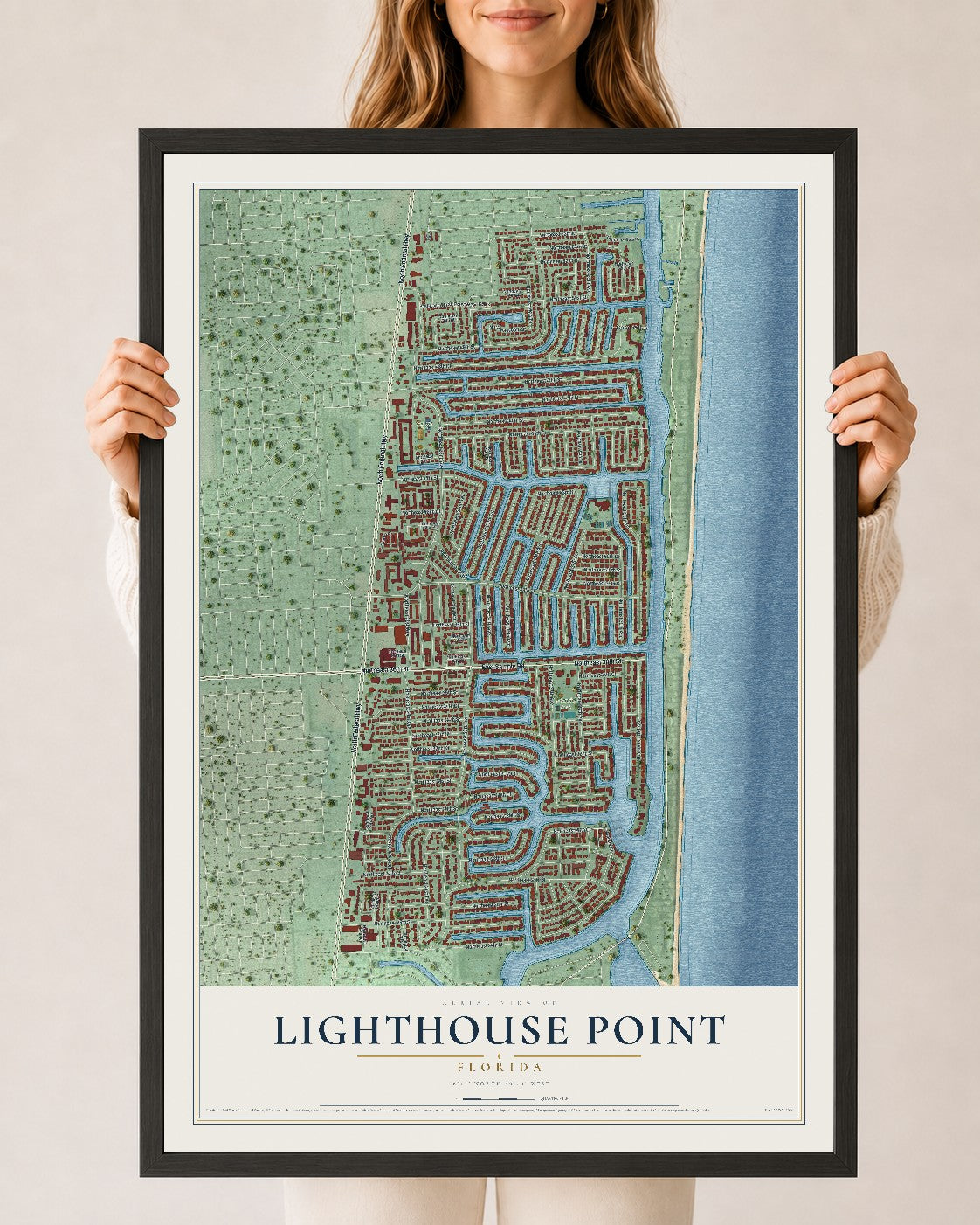 Lighthouse Point, Florida map print, 24" x 36" W/ Black Ayous Wood Frame mockup
