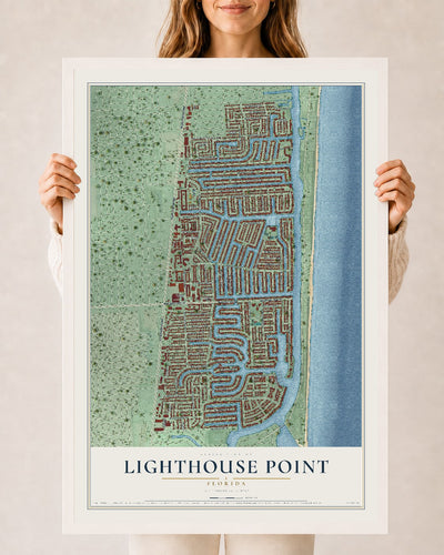 Lighthouse Point, Florida map print, 24" x 36" W/ White Ayous Wood Frame mockup