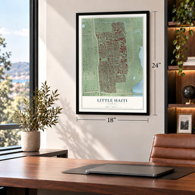 Little Haiti, Florida map, 18 x 24 inch print in a black frame in a home office