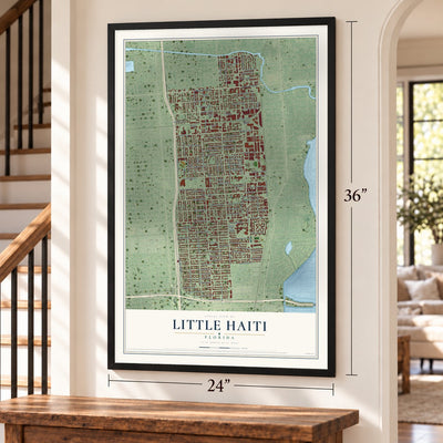 Little Haiti, Florida map, 24 x 36 inch print in a black frame by a staircase