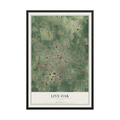 Live Oak, Florida map print, 12" x 18" W/ Black Ayous Wood Frame mockup