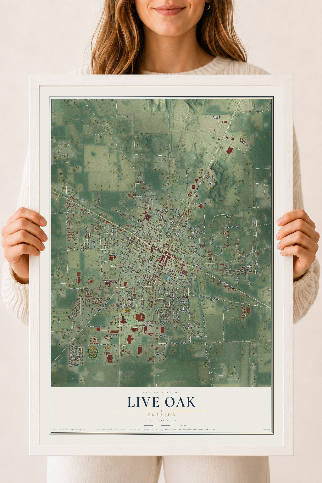 Live Oak, Florida map print, 18" x 24" W/ White Ayous Wood Frame mockup
