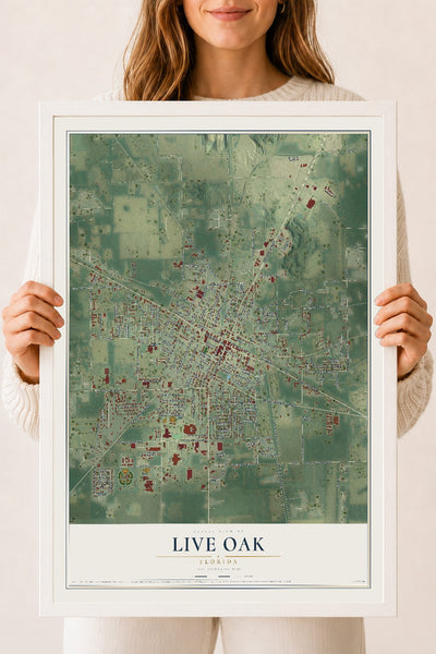 Live Oak, Florida map print, 18" x 24" W/ White Ayous Wood Frame mockup