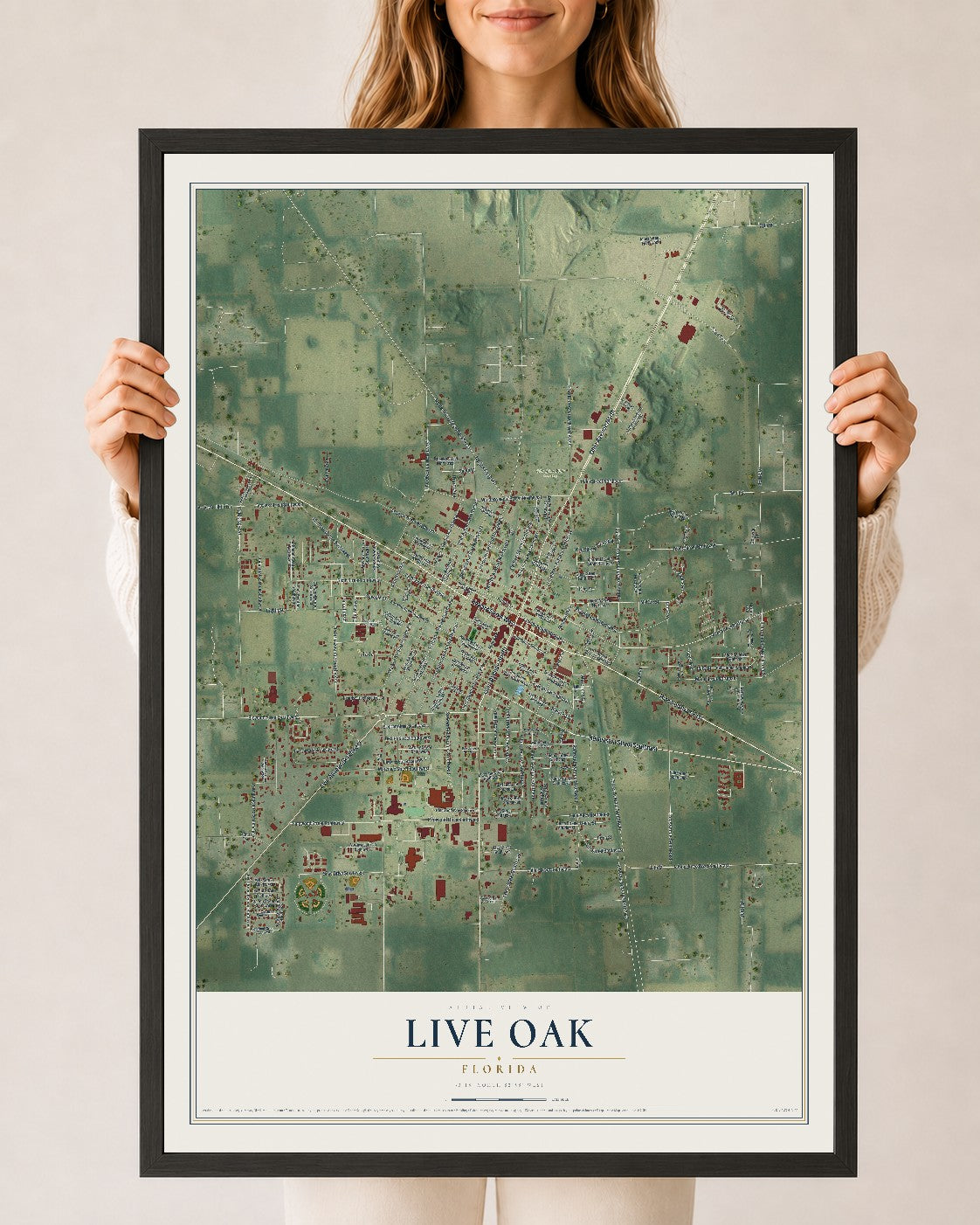 Live Oak, Florida map print, 24" x 36" W/ Black Ayous Wood Frame mockup