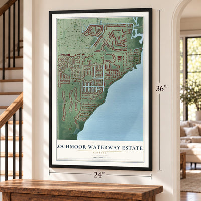 Lochmoor Waterway Estates, Florida map, 24 x 36 inch print in a black frame by a staircase