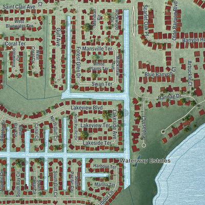 Close-up of the map of Lochmoor Waterway Estates, Florida print showing street and building detail
