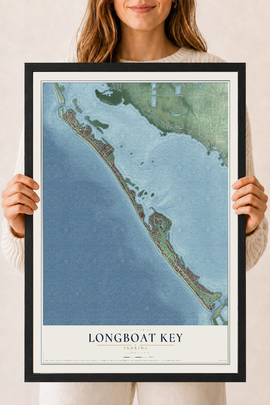 Longboat Key, Florida map print, 18" x 24" W/ Black Ayous Wood Frame mockup