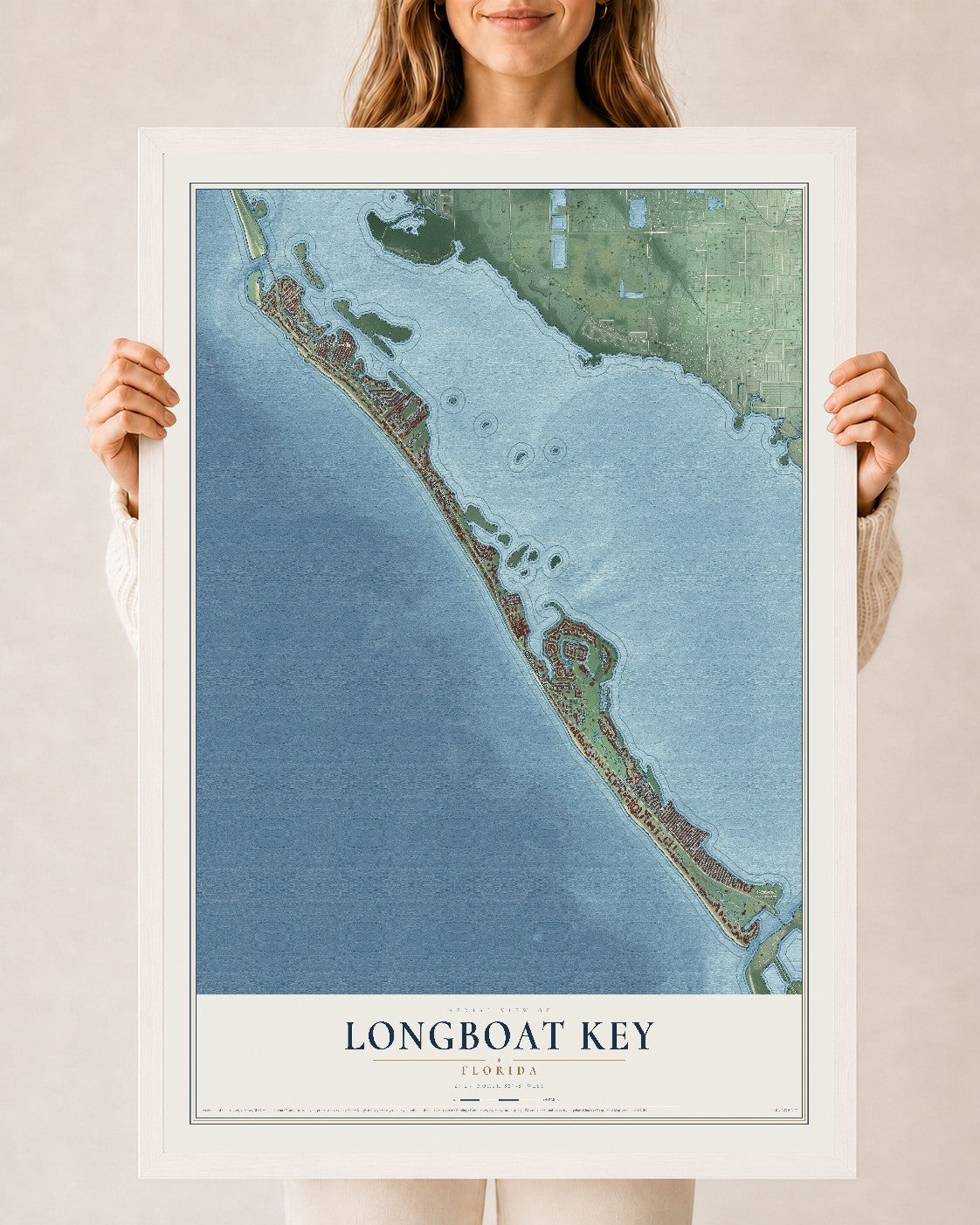 Longboat Key, Florida map print, 24" x 36" W/ White Ayous Wood Frame mockup