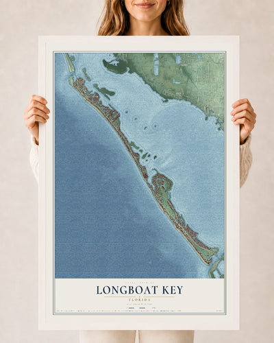 Longboat Key, Florida map print, 24" x 36" W/ White Ayous Wood Frame mockup