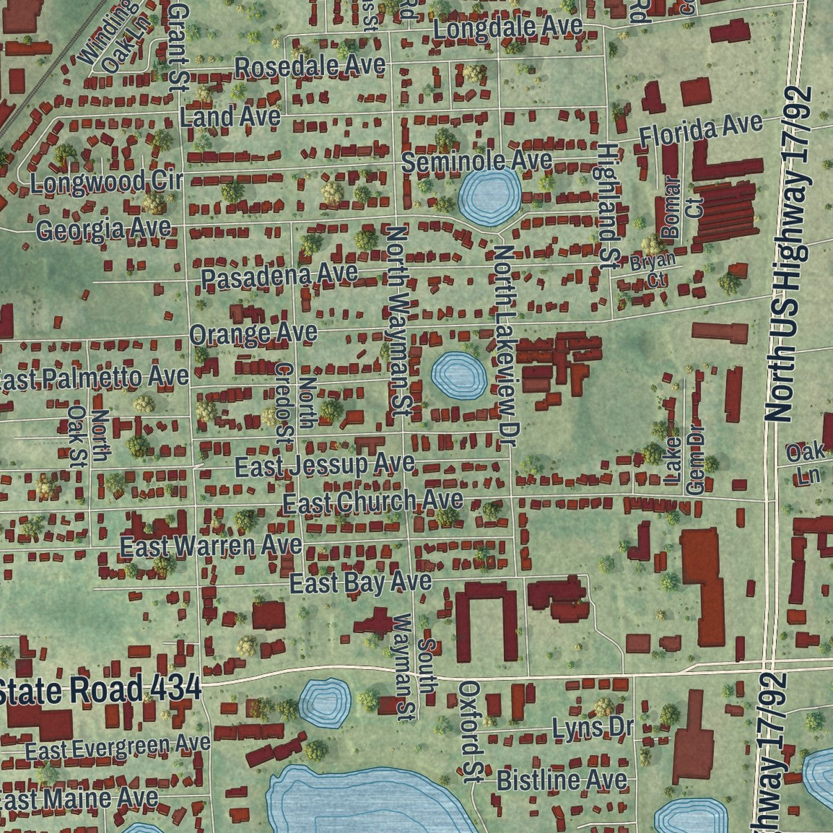 Close-up 1 of the Longwood, Florida map artwork