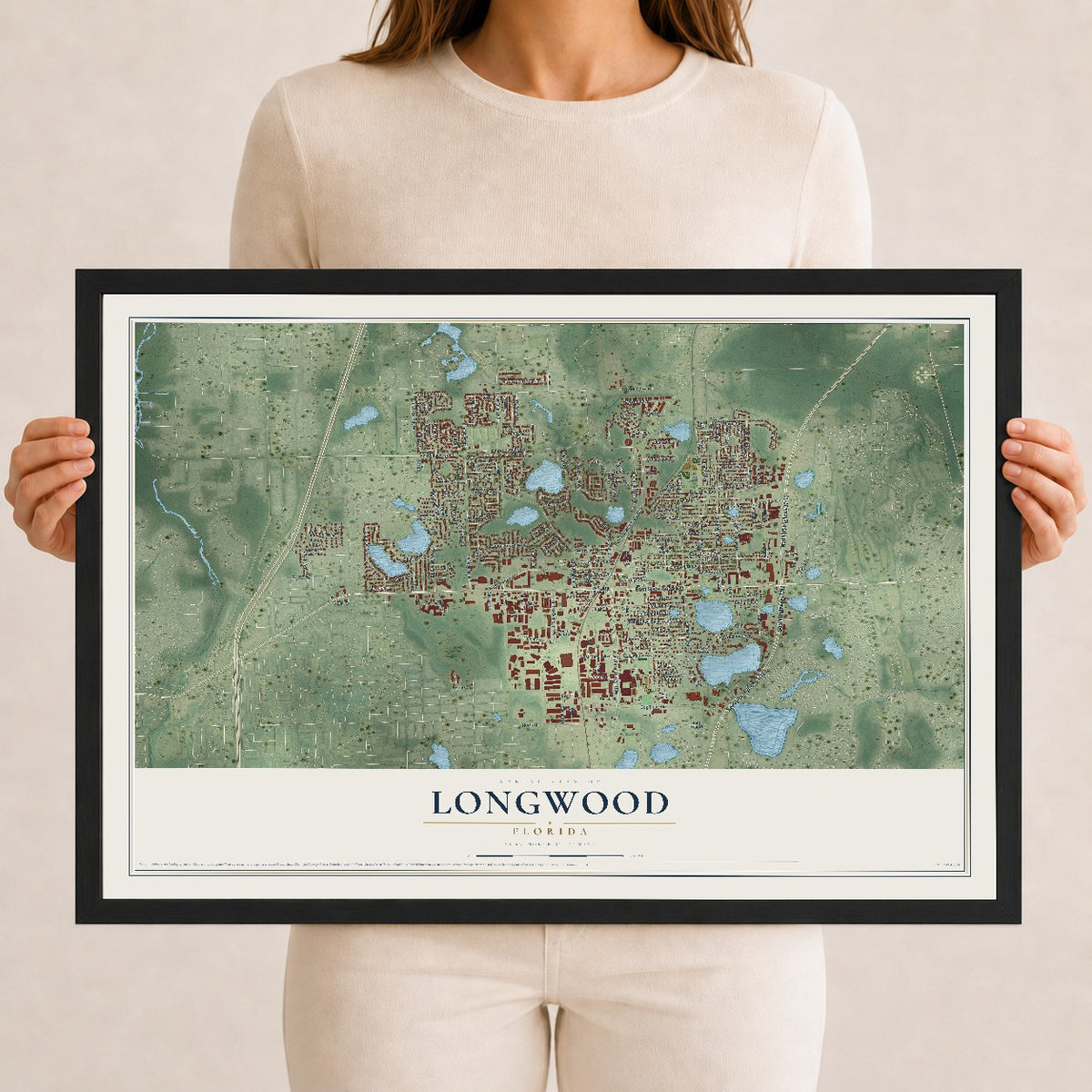 Longwood, Florida map print, 12" x 18" W/ Black Ayous Wood Frame mockup