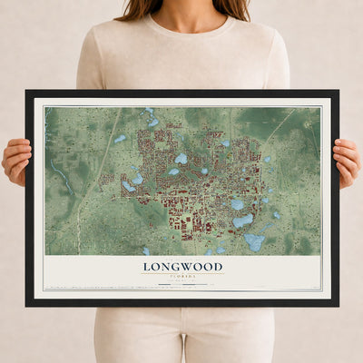 Longwood, Florida map print, 12" x 18" W/ Black Ayous Wood Frame mockup