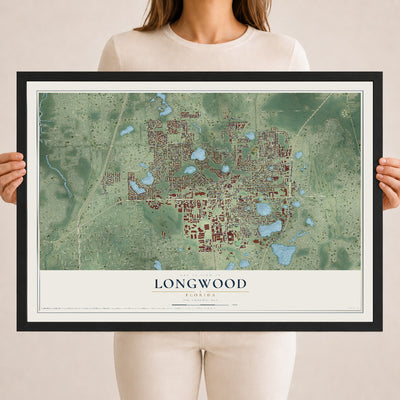 Longwood, Florida map print, 18" x 24" W/ Black Ayous Wood Frame mockup