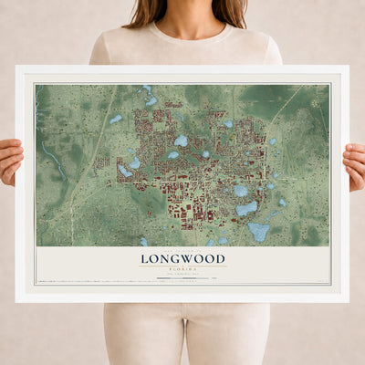Longwood, Florida map print, 18" x 24" W/ White Ayous Wood Frame mockup