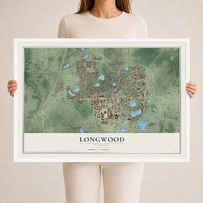 Longwood, Florida map print, 24" x 36" W/ White Ayous Wood Frame mockup