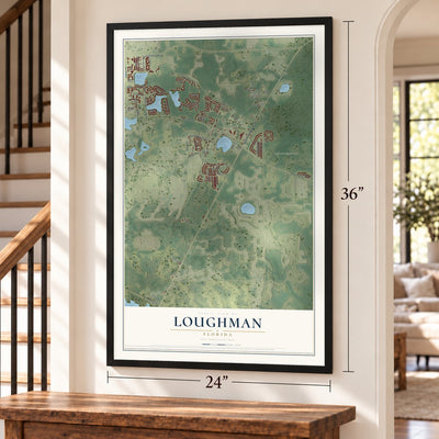 Loughman, Florida map, 24 x 36 inch print in a black frame by a staircase