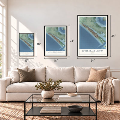 Lower Grand Lagoon, Florida map in 12 x 18, 18 x 24 and 24 x 36 inch sizes above a sofa