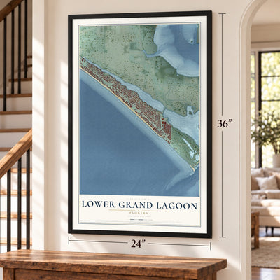 Lower Grand Lagoon, Florida map, 24 x 36 inch print in a black frame by a staircase